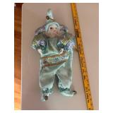 Vintage Porcelain Face Jester Doll in Blue Outfit