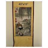 Antique Chinese Silk Wall Scroll with Horse Motif