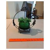 Antique Green Hobnail Glass Brides Basket with Metal Holder
