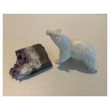 Set of Quartz Amethyst Geode and White Bear Marble Figurine