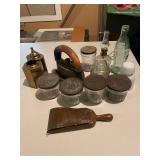 Vintage Kitchen Items Collection Including Jars, Iron, and Bottles