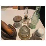 Vintage Kitchen Items Collection Including Jars, Iron, and Bottles