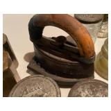 Vintage Kitchen Items Collection Including Jars, Iron, and Bottles