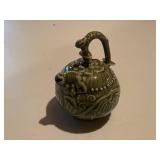 Intricately Carved Green Ceramic Teapot with Dragon Lid