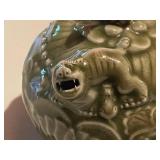 Intricately Carved Green Ceramic Teapot with Dragon Lid