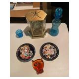 Collection of Decorative Items: Mantel Clock, Plates, and Glassware