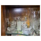 Vintage Glassware Collection with Candlestick Holders and Pitchers