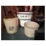Lot of 7 Vintage Stoneware and Metal Containers