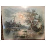 Vintage Framed Pastoral Watercolor Landscape Artwork