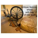 Antique Spinning Wheel with Bag of Raw Wool
