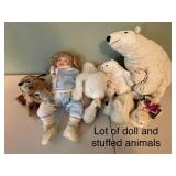 Lot of Doll and Stuffed Animals Including Polar Bear and Bunny