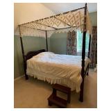 Mahogany Canopy Bed with Decorative Netting and Step Stool