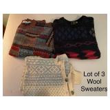 Lot of 3 Wool Sweaters - Assorted Patterns and Brands
