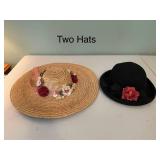Pair of Vintage Hats: Floral Straw and Wool Felt Bowler