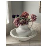 Vintage White Ceramic Wash Basin and Pitcher with Dried Flowers