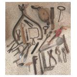 Variety of Vintage Tools including Ice Tongs, Pulleys, Wrenches, Saw, Chisel and More!
