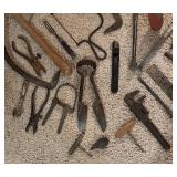Variety of Vintage Tools including Ice Tongs, Pulleys, Wrenches, Saw, Chisel and More!