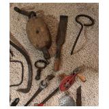 Variety of Vintage Tools including Ice Tongs, Pulleys, Wrenches, Saw, Chisel and More!