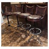 Set of Four Mid Century Stools with Wooden Backs and Padded Seats