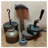 Vintage Goodies including Oil / Ink Cans, Weights, Hammer and More