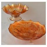 Vintage Dugan Double Stem Rose Pattern Carnival Glass Footed Bowl and Bowl
