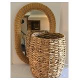 Wicker Framed Mirror & Large Wooden Basket