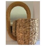 Wicker Framed Mirror & Large Wooden Basket
