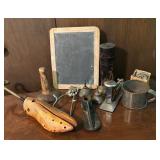 Vintage Finds including a Chalkboard, Shoe Forms, Oil / Ink Cans, Drill Bit Set, Educational Gyroscope and More!