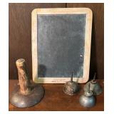 Vintage Finds including a Chalkboard, Shoe Forms, Oil / Ink Cans, Drill Bit Set, Educational Gyroscope and More!