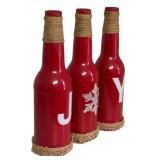 Holiday Decorative Bottles / Three Red JOY Bottles and Cream Burlap Flowers