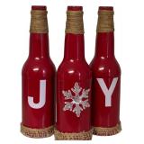 Holiday Decorative Bottles / Three Red JOY Bottles and Cream Burlap Flowers