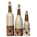 Holiday Decorative Bottles / Three Red JOY Bottles and Cream Burlap Flowers