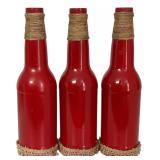 Holiday Decorative Bottles / Three Red JOY Bottles and Cream Burlap Flowers