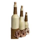 Holiday Decorative Bottles / Three Red JOY Bottles and Cream Burlap Flowers