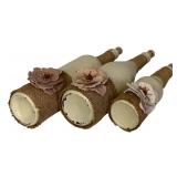 Holiday Decorative Bottles / Three Red JOY Bottles and Cream Burlap Flowers