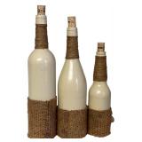 Holiday Decorative Bottles / Three Red JOY Bottles and Cream Burlap Flowers