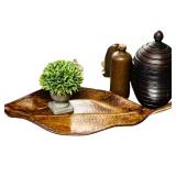 Lovely Decor including Wooden Leaf Platter, Small Mirrors, Faux Plant, Green Mirror and More