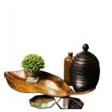 Lovely Decor including Wooden Leaf Platter, Small Mirrors, Faux Plant, Green Mirror and More