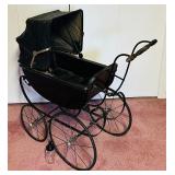 Vintage Oil Cloth Doll Carriage Circa 1910 / Antique Victorian Baby Carriage with Black Fabric Cover