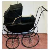 Vintage Oil Cloth Doll Carriage Circa 1910 / Antique Victorian Baby Carriage with Black Fabric Cover
