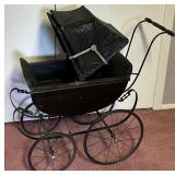 Vintage Oil Cloth Doll Carriage Circa 1910 / Antique Victorian Baby Carriage with Black Fabric Cover