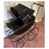 Vintage Oil Cloth Doll Carriage Circa 1910 / Antique Victorian Baby Carriage with Black Fabric Cover