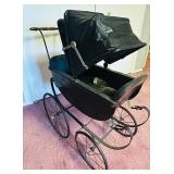 Vintage Oil Cloth Doll Carriage Circa 1910 / Antique Victorian Baby Carriage with Black Fabric Cover