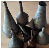 Collection of Vintage Metal Oil Funnels, Oil Cans, & More