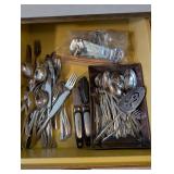 Large Collection of Mixed Silverware, Industrial Can Opener and Farberware Kitchen Tools