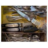 Large Collection of Mixed Silverware, Industrial Can Opener and Farberware Kitchen Tools