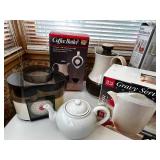 Mixed Kitchenware Lot with Two Coffee Butlers, Gravy Server, and Teapot