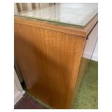 Vintage Wooden Cabinet with Glass Top and Doily Design