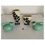 Set of 4 Vintage Pottery Vases with Leaf Motif and Two Matching Red Wing Belle Kogan Vases