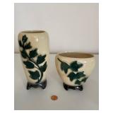 Set of 4 Vintage Pottery Vases with Leaf Motif and Two Matching Red Wing Belle Kogan Vases